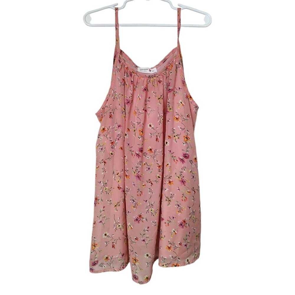 Beautee Girls Size XL Sleeveless Top Pink Floral Lined Spaghetti Straps